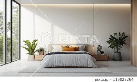 Minimalist Bedroom with Large Windows and Cozy Modern Design 119828264