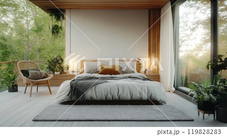 Minimalist Bedroom with Large Glass Windows and Wooden Bed Frame 119828283