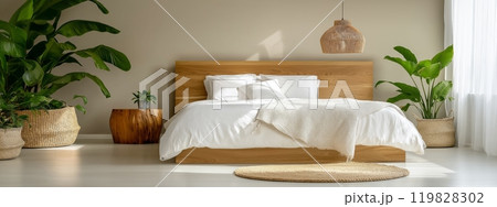 Minimalist Bedroom with Natural Light and Wooden Accents 119828302