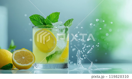 Refreshing Lemon Mint Drink with Ice Splash Refreshing Lemon Mint Drink with Ice Splash 119828310