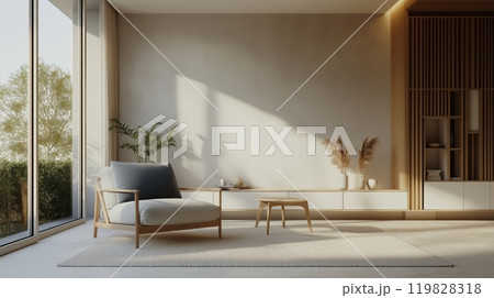 Modern Living Room with Large Windows, Cozy Sofa, and Ambient Lighting Modern Living Room with Large Windows, Cozy Sofa, and Ambient Lighting 119828318