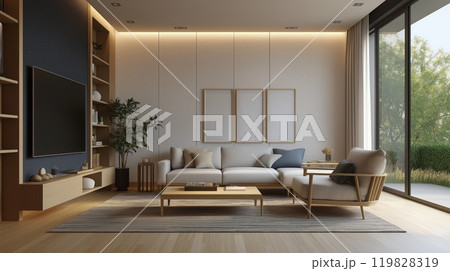 Scandinavian Living Room with Sofa, Shelves, Large Windows, and Mockup Frames Scandinavian Living Room with Sofa, Shelves, Large Windows, and Mockup Frames 119828319