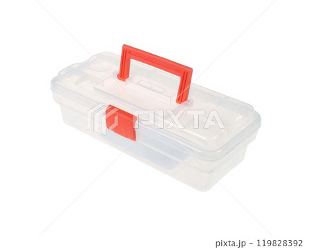 Clear plastic organizer box with red handle isolated on white background 119828392