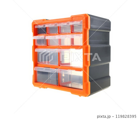 Small orange plastic storage drawers for organising isolated on white background 119828395