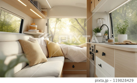 Cozy Modern Camper Van Interior with Kitchenette and Relaxing Seating Area Cozy Modern Camper Van Interior with Kitchenette and Relaxing Seating Area 119828429