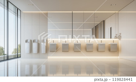 Modern Minimalist Men's Public Restroom with Urinals and Sinks 119828441
