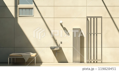 Minimalist Secure Prison Cell Interior with Suspended Bed and Stark Furnishings 119828451