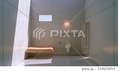 Minimalist Secure Prison Cell Interior with Suspended Bed and Stark Furnishings Minimalist Secure Prison Cell Interior with Suspended Bed and Stark Furnishings 119828453
