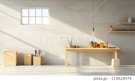 Unfinished Basement Workshop with Wooden Workbench and Tools 119828474