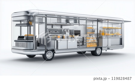 Modern Food Truck with Organized Kitchen and Serving Area 119828487