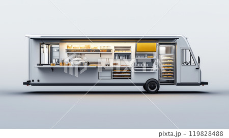 Modern Food Truck with Organized Kitchen and Serving Area Modern Food Truck with Organized Kitchen and Serving Area 119828488