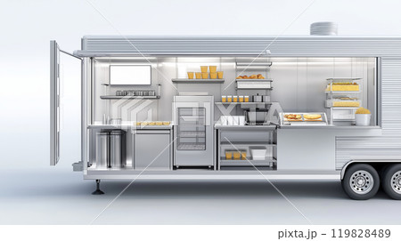 Modern Food Truck with Organized Kitchen and Serving Area Modern Food Truck with Organized Kitchen and Serving Area 119828489