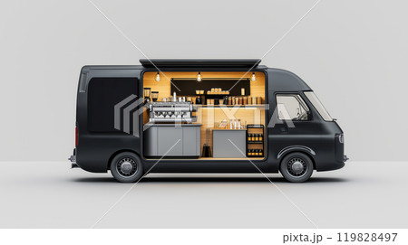 Mobile Coffee Shop Van with Espresso Machine and Chalkboard Menu 119828497