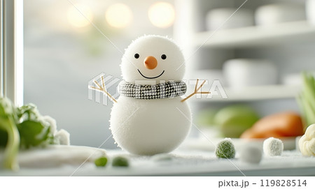 Miniature Snowman Inside Freezer with Vegetables and Ice Miniature Snowman Inside Freezer with Vegetables and Ice 119828514