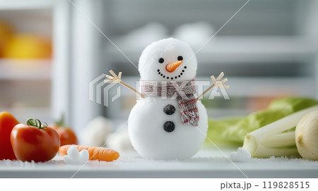 Miniature Snowman Inside Freezer with Vegetables and Ice Miniature Snowman Inside Freezer with Vegetables and Ice 119828515