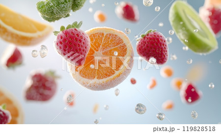 Frozen Strawberries, Orange Slices, and Vegetables in Motion Inside Freezer Frozen Strawberries, Orange Slices, and Vegetables in Motion Inside Freezer 119828518