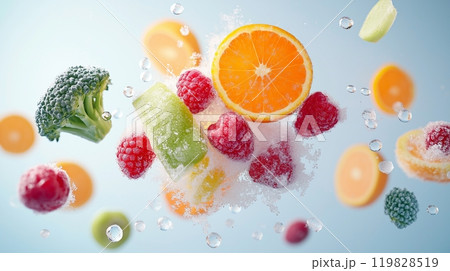 Frozen Strawberries, Orange Slices, and Vegetables in Motion Inside Freezer 119828519