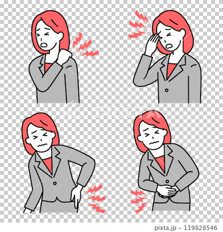 一套適合穿西裝的女性的肩膀僵硬、頭痛、背痛和腹痛 119828546
