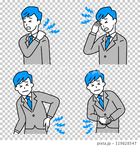 Set of men in suits suffering from stiff shoulders, headaches, back pain, and stomach pain Set of men in suits suffering from stiff shoulders, headaches, back pain, and stomach pain 119828547