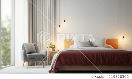 Modern Minimalist Bedroom with Cozy Lighting and Romantic Atmosphere Modern Minimalist Bedroom with Cozy Lighting and Romantic Atmosphere 119828566