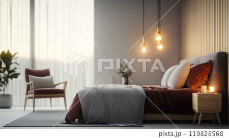 Modern Minimalist Bedroom with Cozy Lighting and Romantic Atmosphere 119828568
