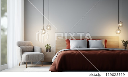 Modern Minimalist Bedroom with Cozy Lighting and Romantic Atmosphere 119828569