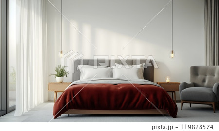 Modern Minimalist Bedroom with Cozy Lighting and Romantic Atmosphere 119828574