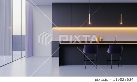 Elegant Modern Kitchen with Soft Lighting and Minimalist Decor 119828634