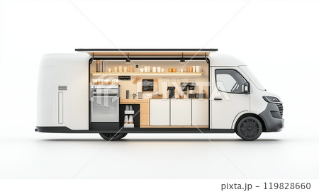 Mobile Coffee Shop Van with Espresso Machine and Chalkboard Menu 119828660