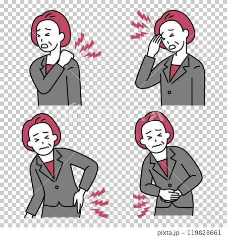 Set of middle-aged woman in a suit suffering from stiff shoulders, headache, back pain, and stomachache Set of middle-aged woman in a suit suffering from stiff shoulders, headache, back pain, and stomachache 119828661