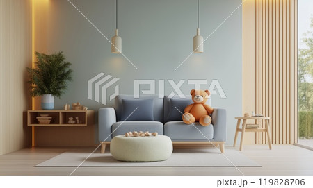 Boy's bedroom with large teddy bear Boy's bedroom with large teddy bear 119828706