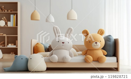Boy's bedroom with large teddy bear	 119828721