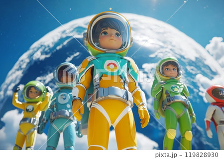 Space heroes explorers for kids dressed in colorful astronaut suits ready for adventure 119828930