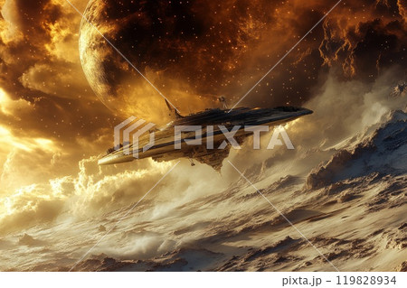 Futuristic spaceship hovering over planet with extreme weather conditions Futuristic spaceship hovering over planet with extreme weather conditions 119828934
