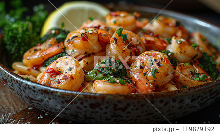 Close up view of shrimp and broccoli pasta 119829192