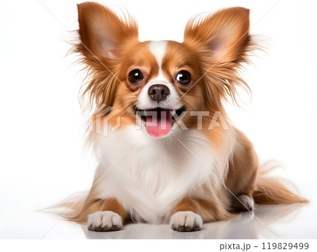 This joyful dog, with fluffy brown and white fur, is lying down on a plain white background. Its bright eyes and wide smile bring out its playful and energetic nature. 119829499