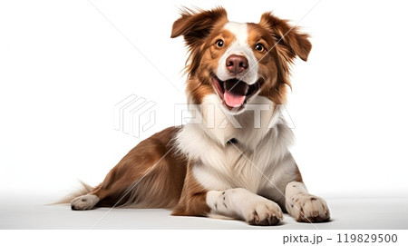 This joyful dog, with fluffy brown and white fur, is lying down on a plain white background. Its bright eyes and wide smile bring out its playful and energetic nature. 119829500