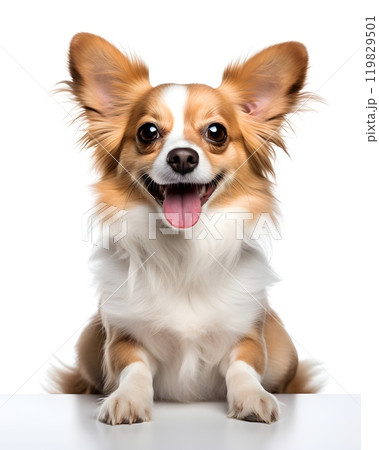 This joyful dog, with fluffy brown and white fur, is lying down on a plain white background. Its bright eyes and wide smile bring out its playful and energetic nature. 119829501