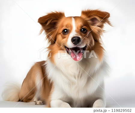 This joyful dog, with fluffy brown and white fur, is lying down on a plain white background. Its bright eyes and wide smile bring out its playful and energetic nature. 119829502