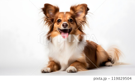 This joyful dog, with fluffy brown and white fur, is lying down on a plain white background. Its bright eyes and wide smile bring out its playful and energetic nature. 119829504