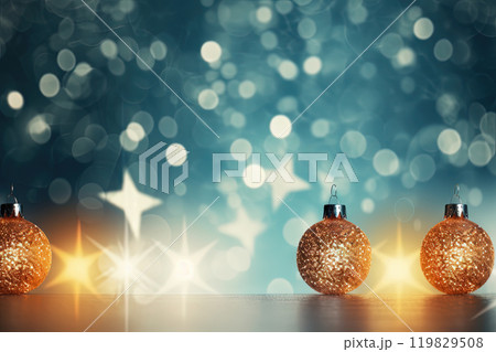 Christmas glass balls on the blurred background with bokeh. Winter holidays greeting card. Generated AI. 119829508