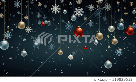 Christmas background with hanging baubles. Xmas balls on winter holidays greeting card. Generated AI. 119829512