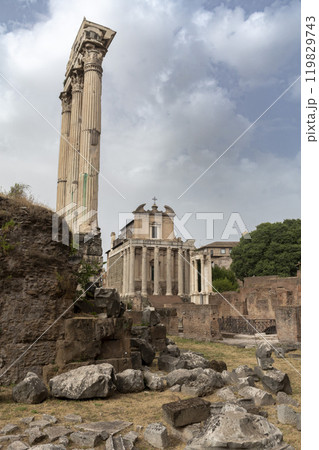 Ancient buildings of the Roman Forum in Rome 119829743
