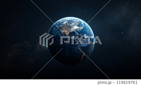 View of Earth from space highlighting vibrant blue atmosphere on dark background. Generative AI 119829761