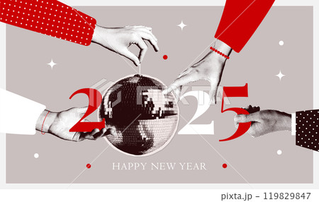 2025 New year halftone collage trendy banner template. Elegant hands holding disco ball and cut out 2025 numbers. Modern retro vector illustration. 119829847