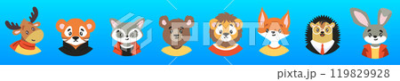 Collection of portraits of cute wild animals in clothes in round frames isolated on white background. Bundle of faces or muzzles of funny characters. Flat cartoon vector illustration for children. Collection of portraits of cute wild animals in clothes in round frames isolated on white background. Bundle of faces or muzzles of funny characters. Flat cartoon vector illustration for children. 119829928