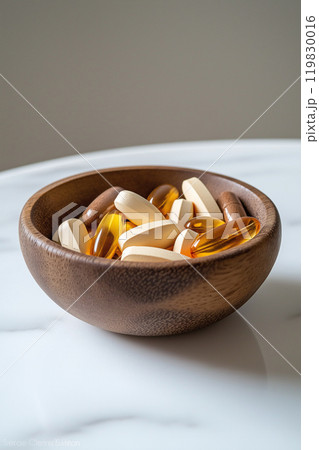 Wooden bowl full of different pills and capsules on marble table. Vitamins and minerals, superfood, dietic supplements, healthy diet. Medicine, healthcare, pharmaceuticals, health and wellness Wooden bowl full of different pills and capsules on marble table. Vitamins and minerals, superfood, dietic supplements, healthy diet. Medicine, healthcare, pharmaceuticals, health and wellness 119830016