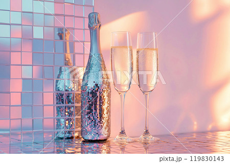 Disco ball champagne bottle and two champagne glasses, copy space. Party atmosphere, celebration concept. Celebrating the New Year 119830143