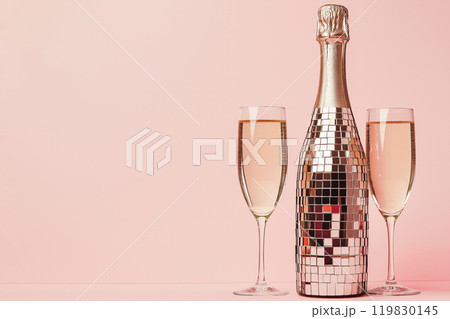 Disco ball champagne bottle and two champagne glasses, copy space. Party atmosphere, celebration concept. Celebrating the New Year 119830145