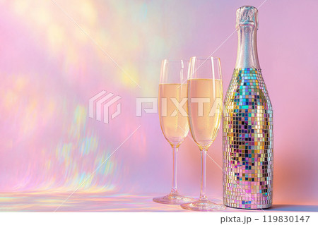 Disco ball champagne bottle and two champagne glasses, copy space. Party atmosphere, celebration concept. Celebrating the New Year 119830147